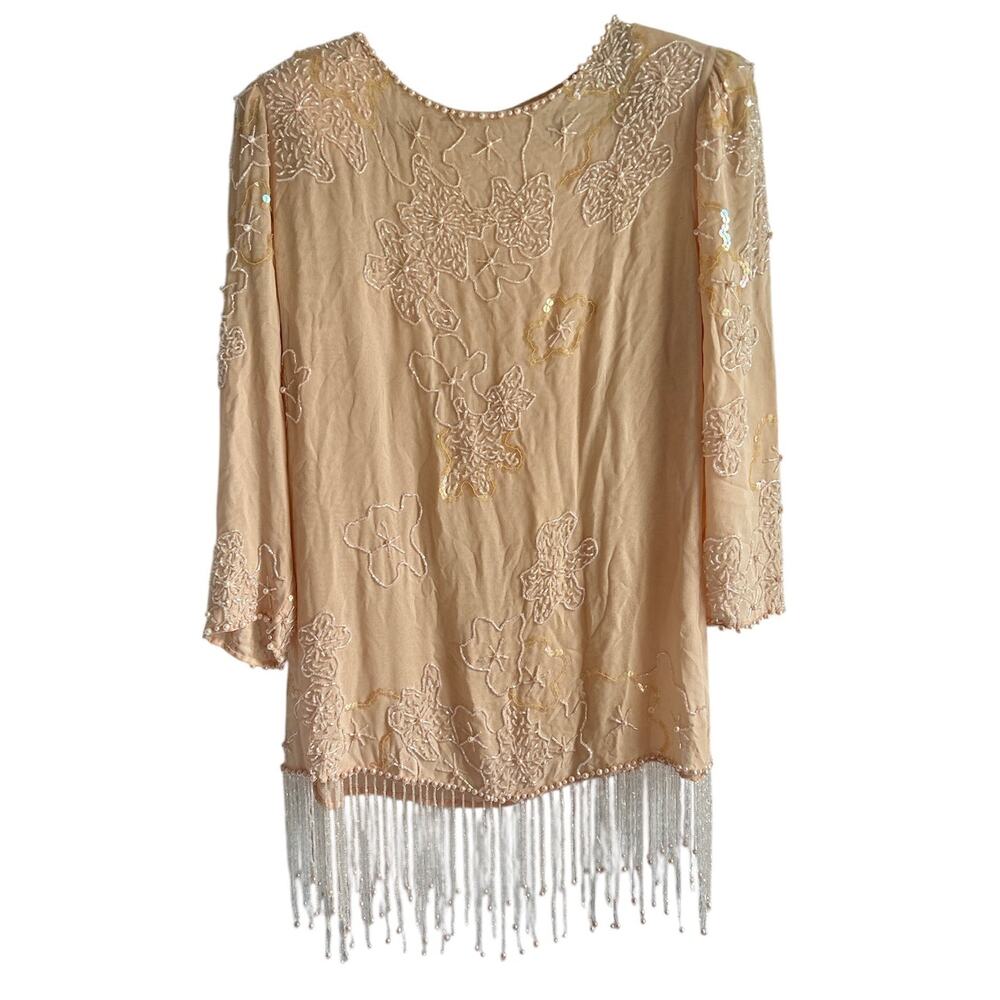 Vintage Large 100% Silk Coral Sea Themed Pink Beaded Sequined Evening Blouse Top